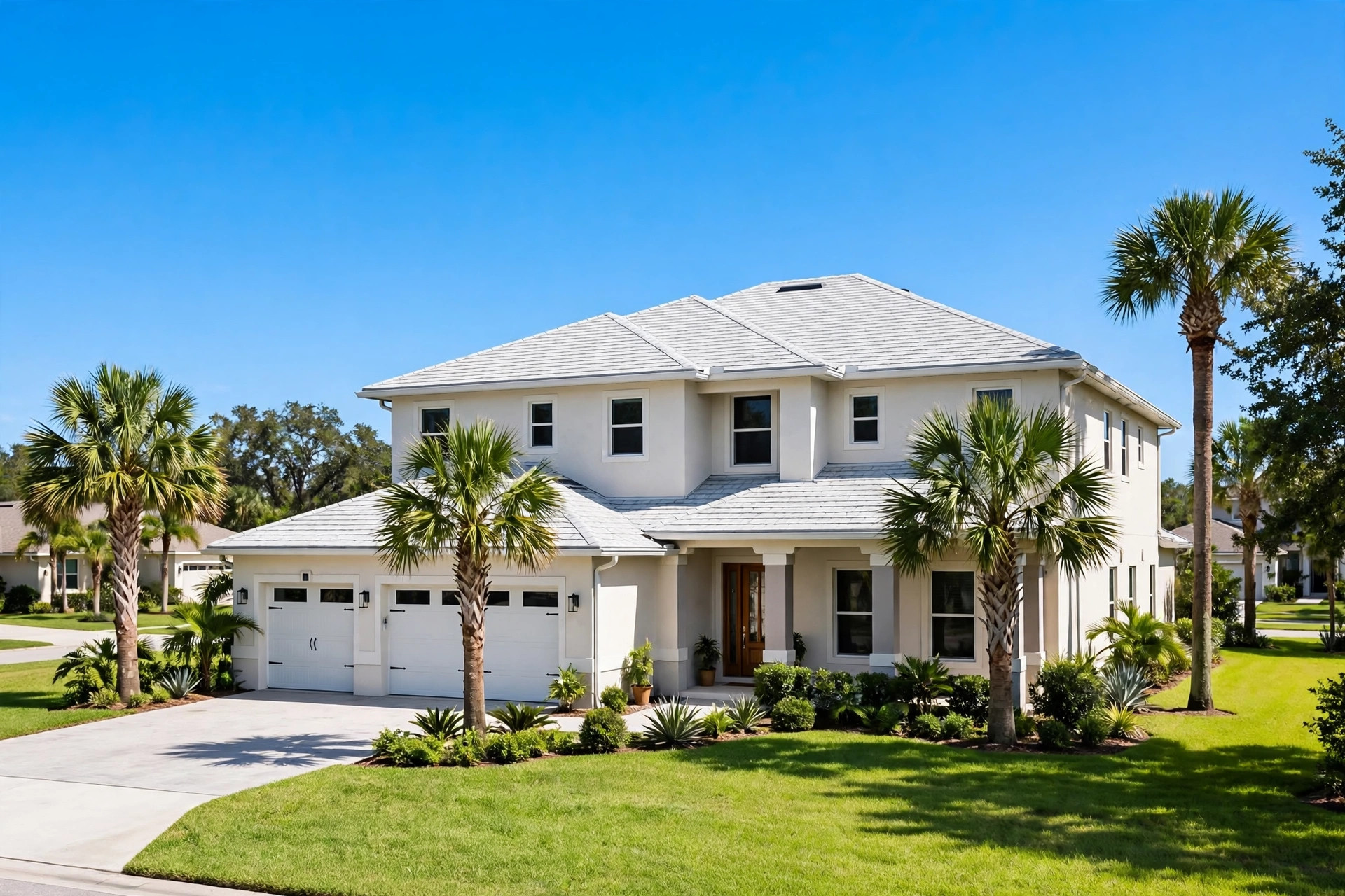 Two-story Orlando home with a new light-gray shingle roof by Goldenrod Roofing