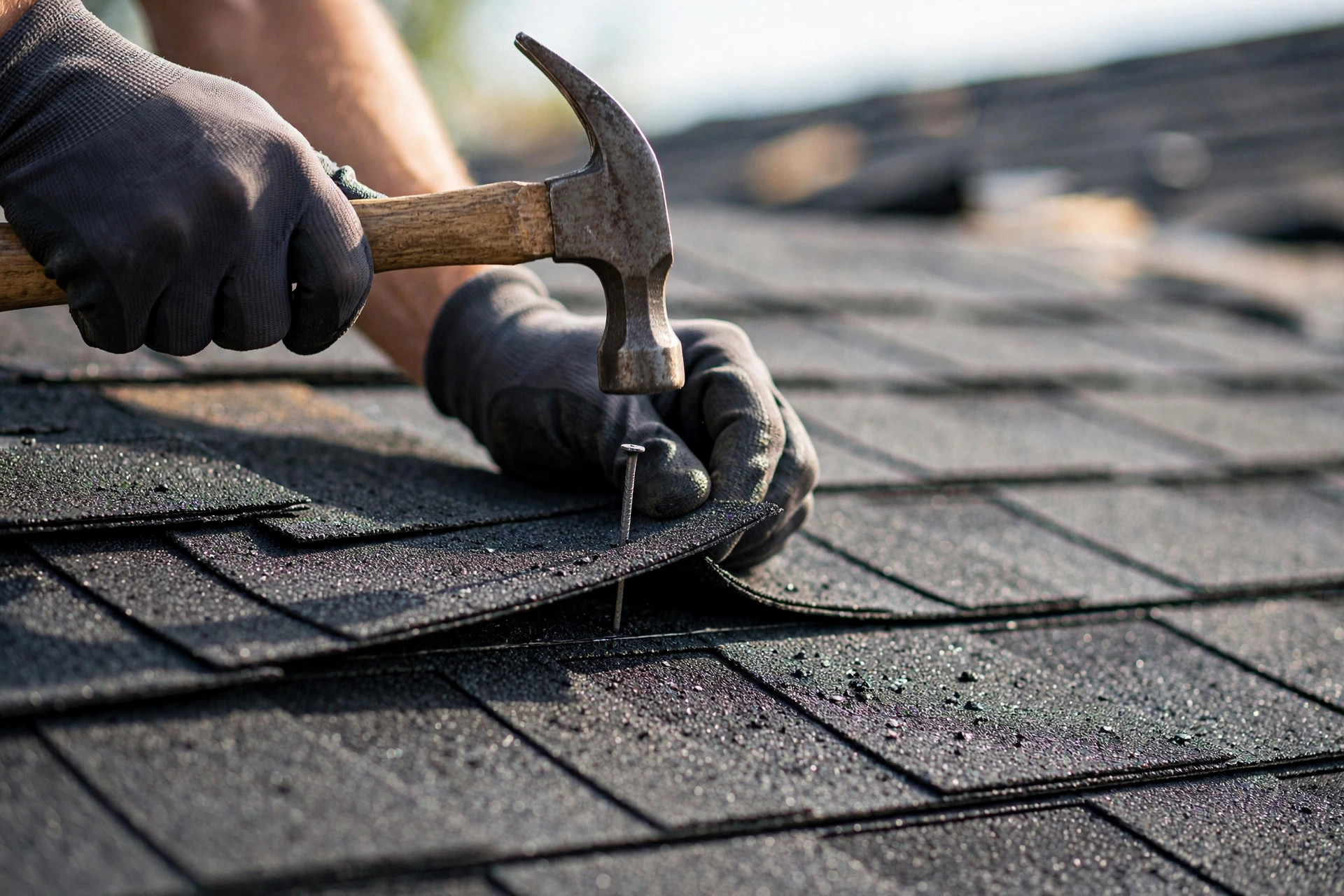 Roofer installing architectural asphalt shingles