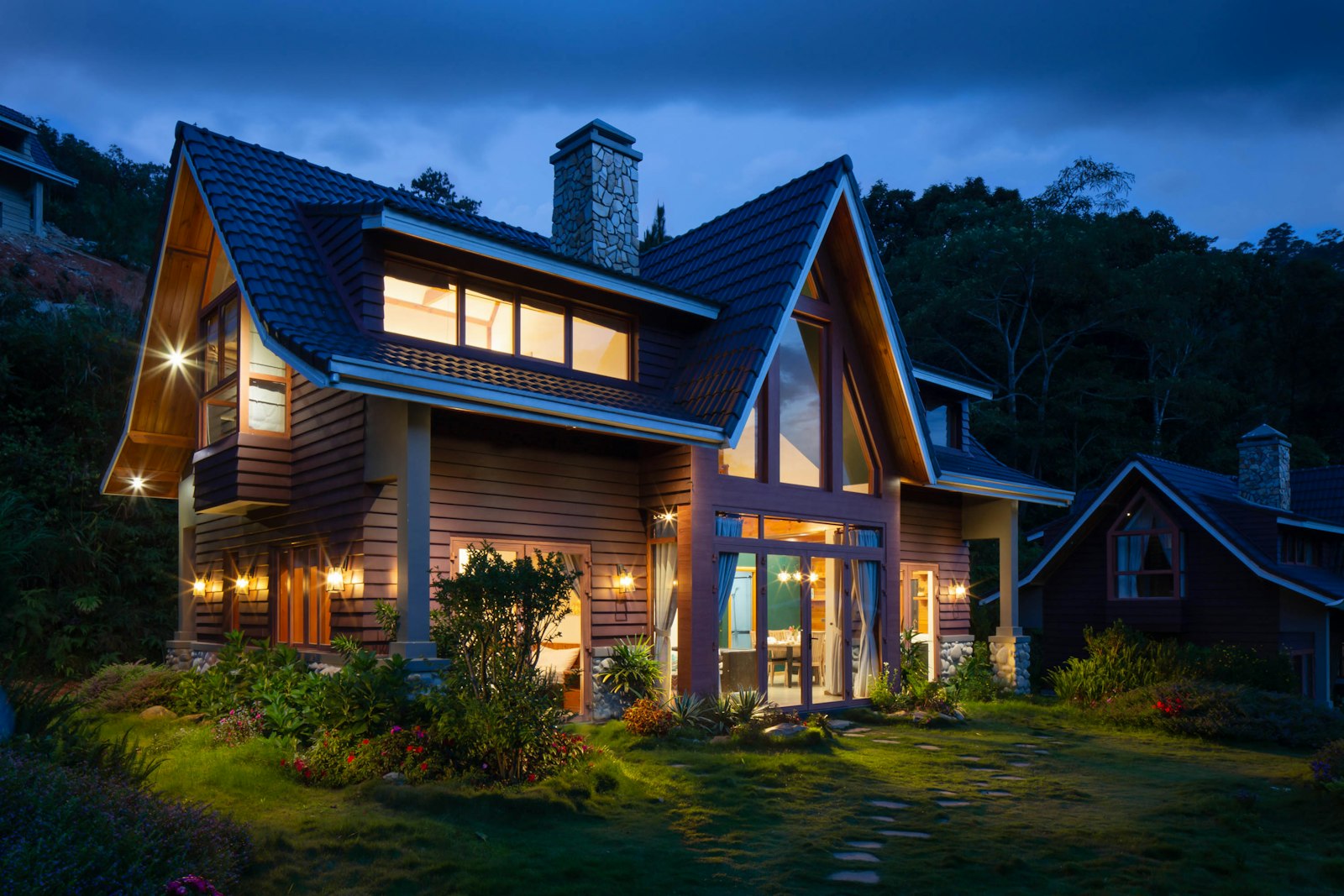 Home with a new roof at dusk